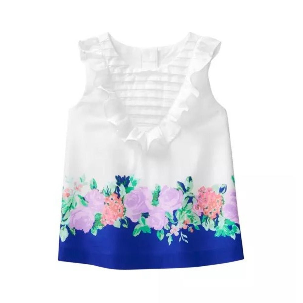 Janie and Jack Floral Border Print Top Kids Size 4 White Ruffle Pintuck Bib